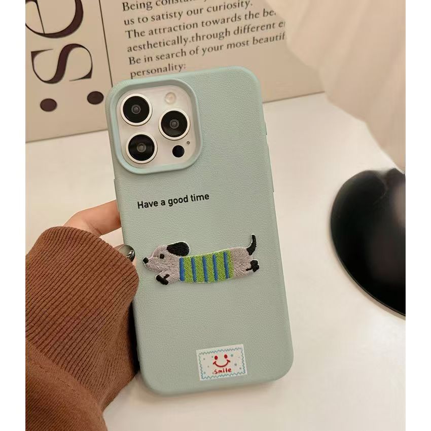 Leather Cartoon Embroidered Dachshund iPhone 15 Pro Max Apple 14 Phone Case 11 New 12 Soft 13 Pro