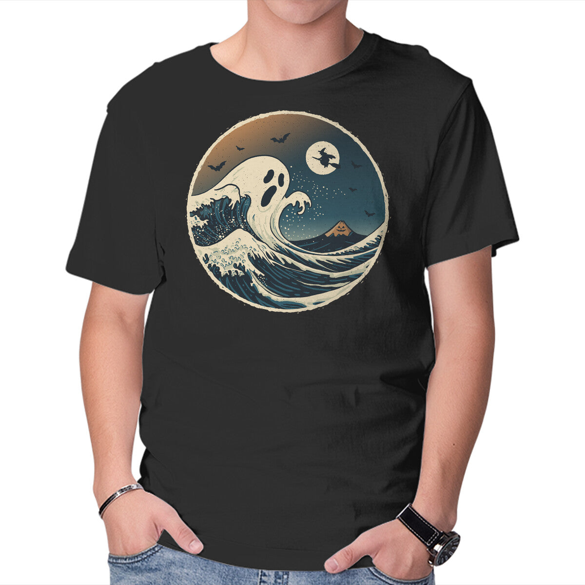 Unisex Crew Neck T-Shirt The Spooky Wave Graphic Short Sleeve Casual Tee L