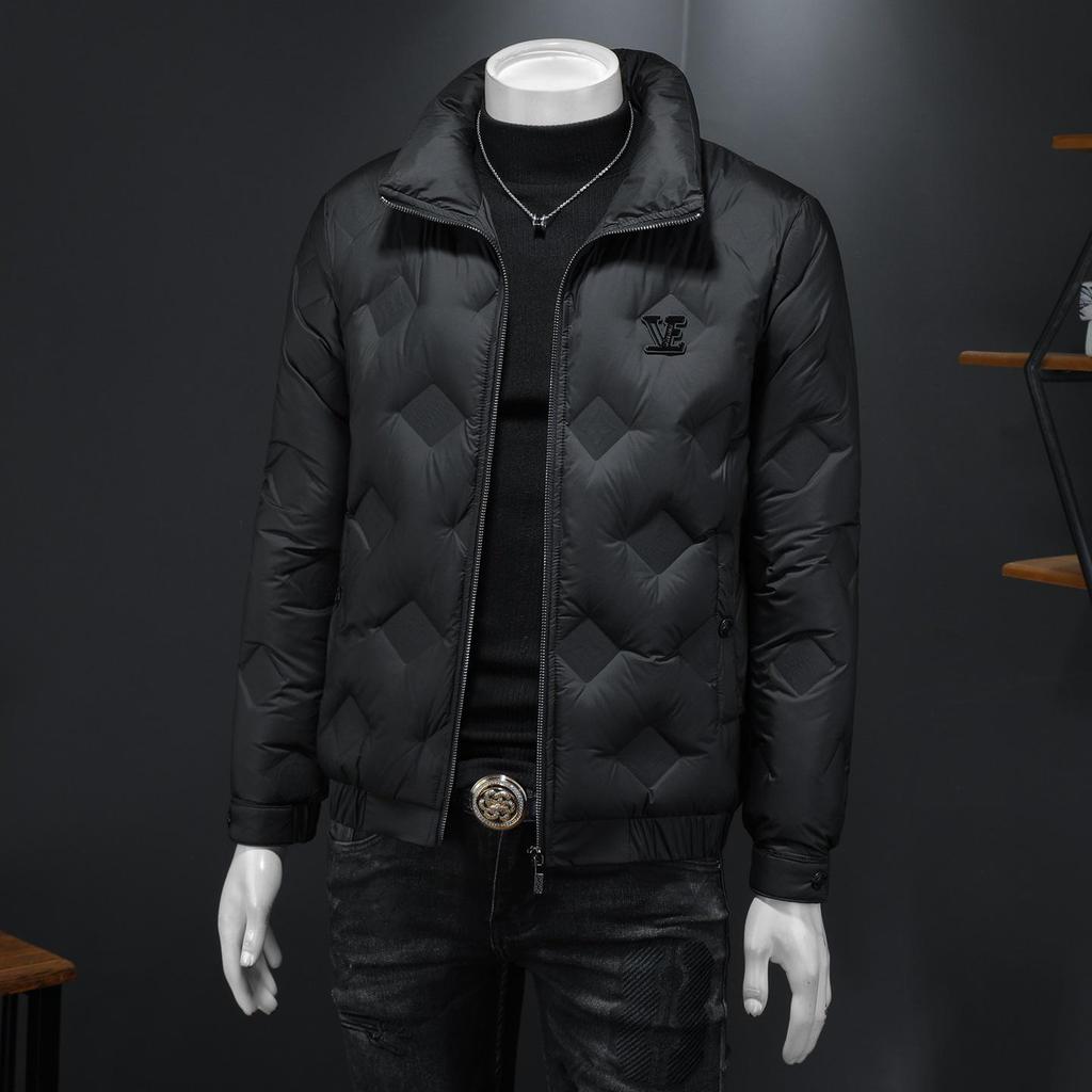 2025 Winter Men's Embossed Stand Collar Down Jacket - European Style Trendy Casual Outerwear