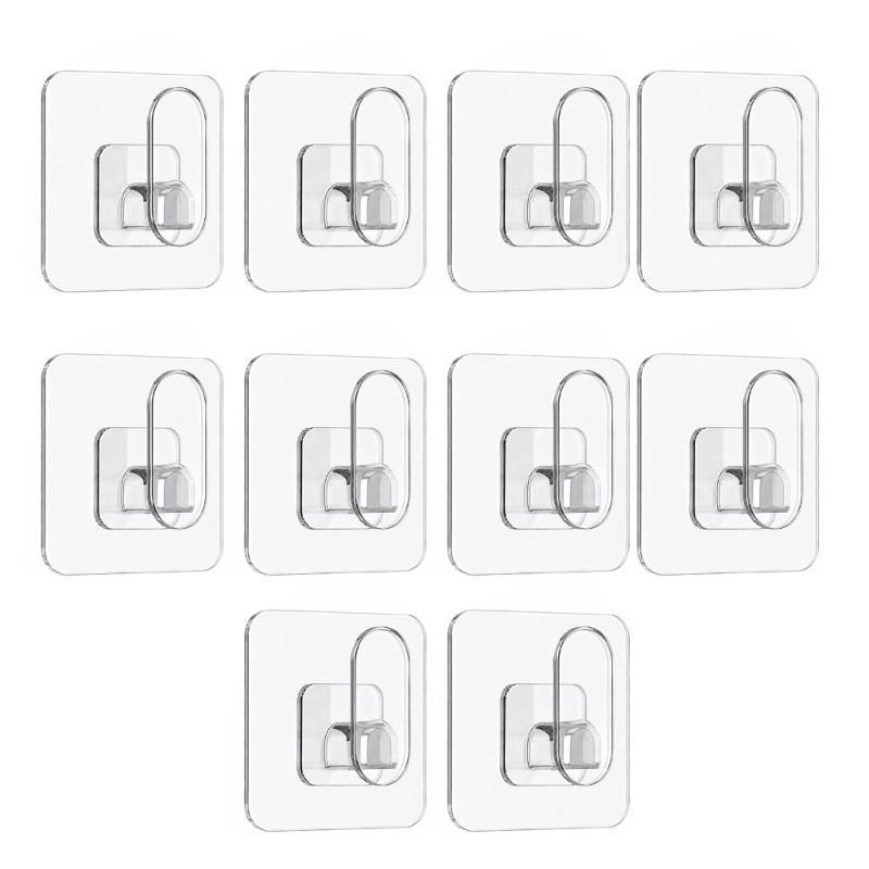 Adhesive Utility Set for Home Storage, Clear 10 Pack PC Plastic Hooks for Towels, Hats, Keys and Other Daily Items in Indoor Rooms