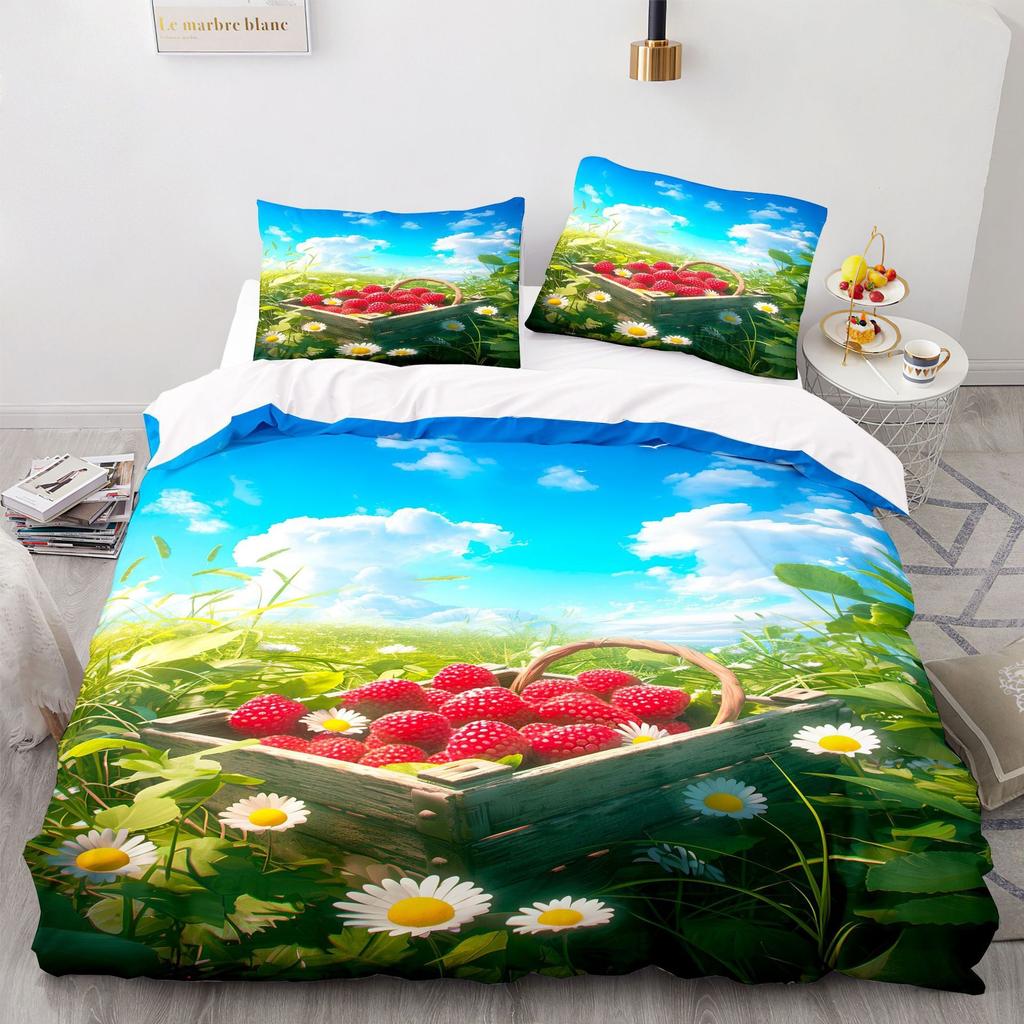 Strawberry Garden Duvet Cover & Pillowcases, Sweet Fruit Print Bedding Set Collection, Fresh & Romantic Bedroom Decor for Girls