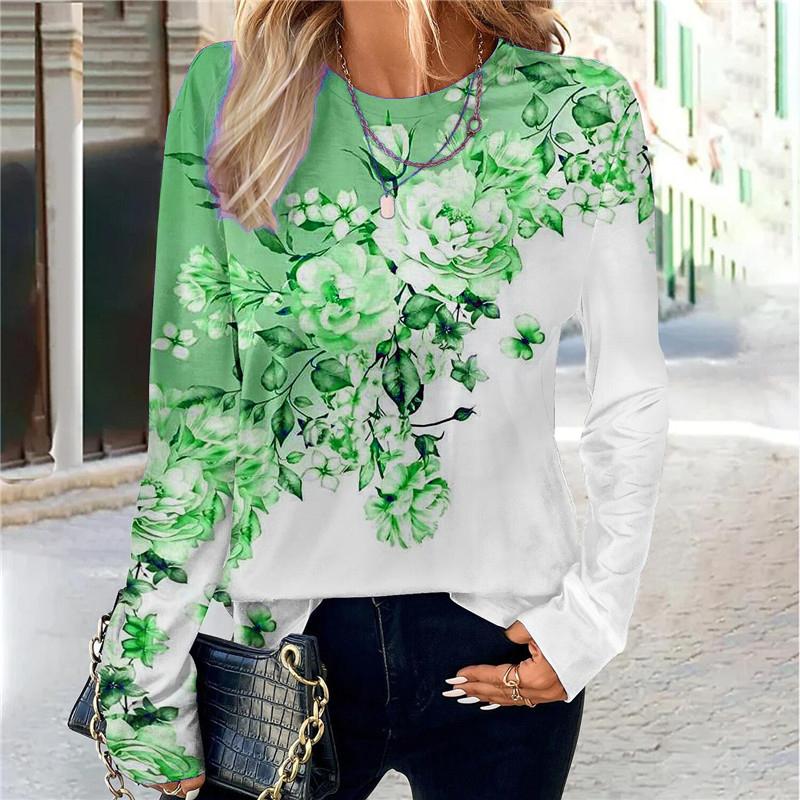 Floral Pattern Women Fashion Trend T-Shirts Spring Autumn Long Sleeve 3D Print Flower Street Ladies Tee 3XL Big Size Casual Tops