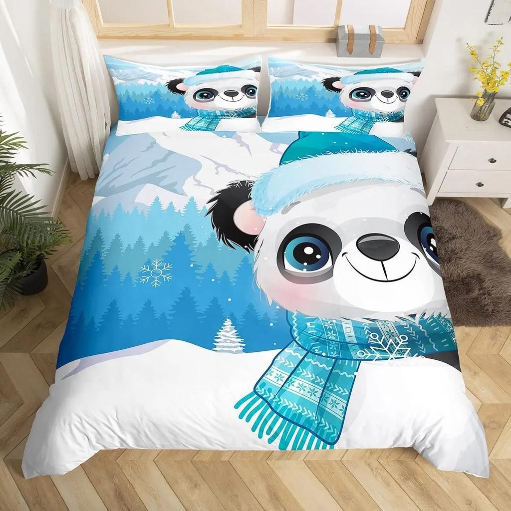 Panda Duvet Cover Set King Size Black And White Animal Comforter Cover With Pillowcases Starry Sky Blue Ultra Soft Quilt Cover