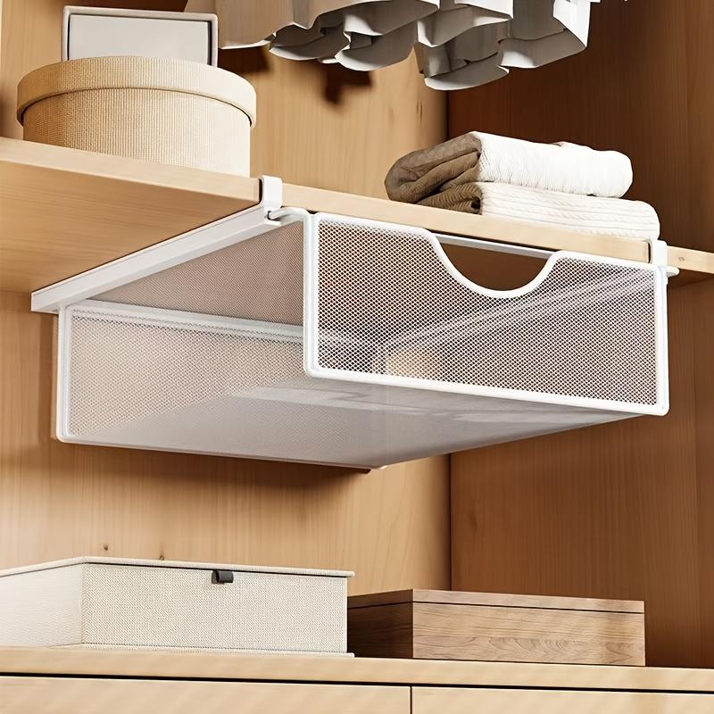 Metal Mesh Basket Storage Basket Hanging Under The Table, with Pull-out Drawers - Adhesive Type, for Convenient Storage