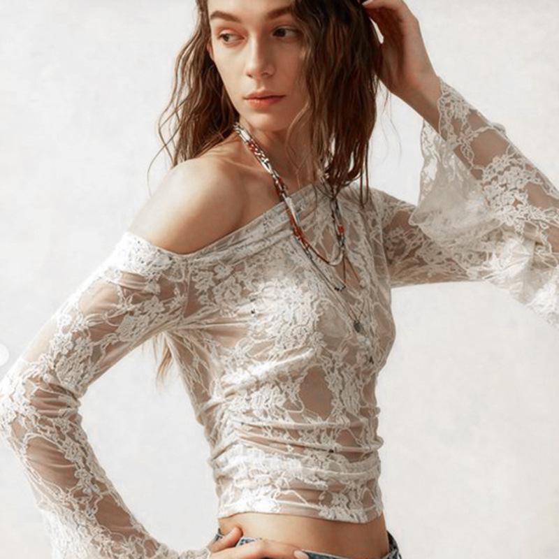 Elegant Lace Bell Sleeve Off-Shoulder Sheer Cover-Up