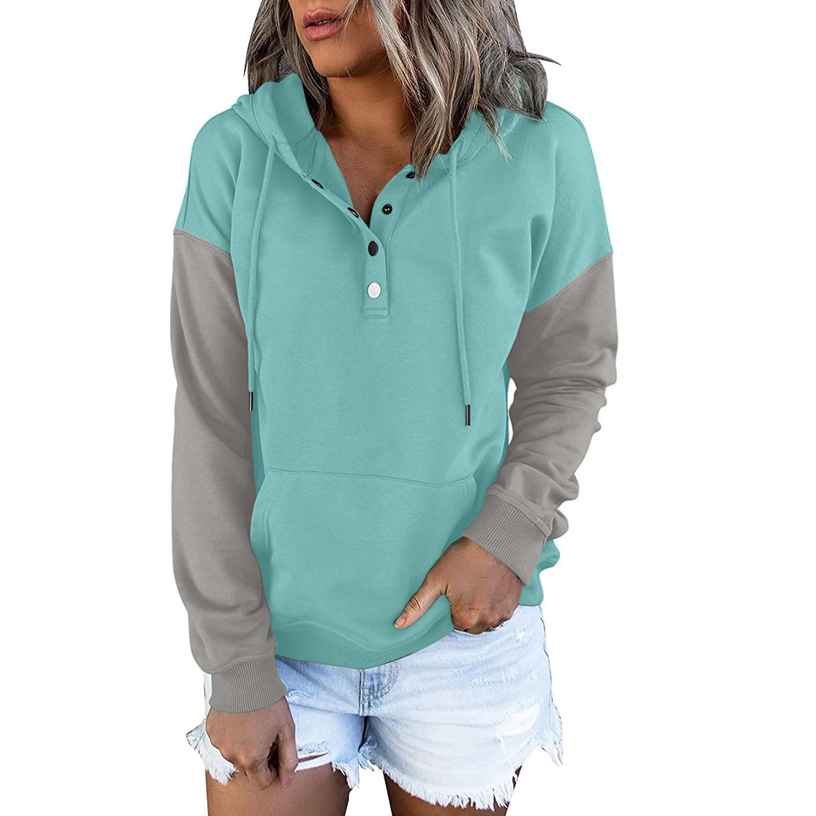 

Жіночі пуловери, толстовки, топи, повсякденні світшоти з довгими рукавами і кишенями на гудзиках XXL ціан