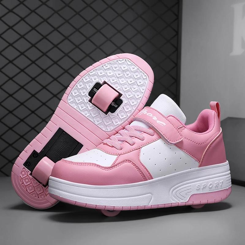Zapatillas Deportivas Infantiles con Dos Ruedas y Ruedas Desmontables Ultraligeras Unisex Zapatillas de Patín Para Adolescentes Niñas