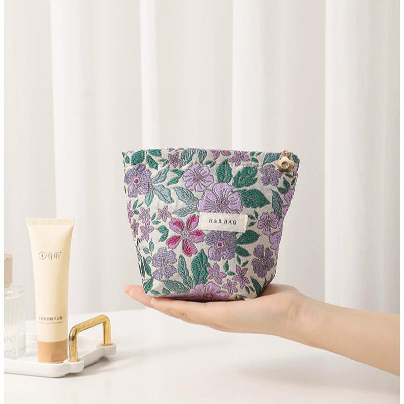 Women's Cosmetic Bag Small Vintage Purple Flowers Cosmetics Lipstick Storage Bag Handheld Portable Canvas Storage Bag Purse