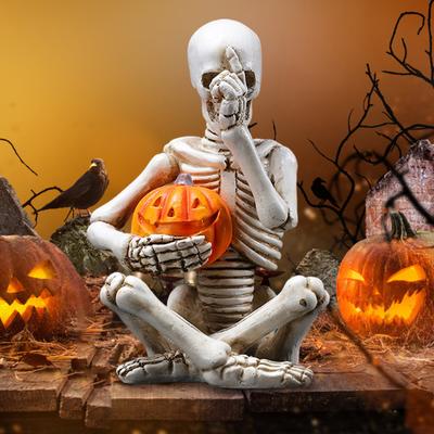Halloween Holding Pumpkin Skeleton Figurine Creepy Sitting Skeleton Resin Statue Sculpture Holiday
