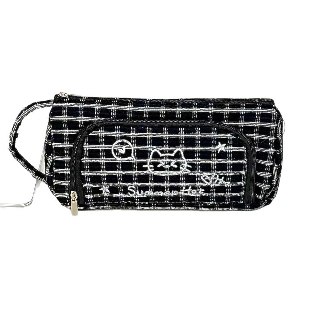 Cute Cat Lattice Pattern Pen Case With Fabric Material For Students And Girls