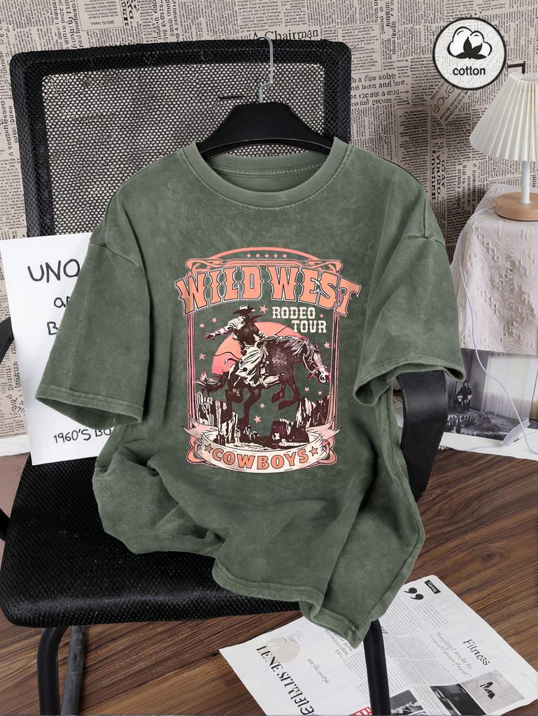 Wild West Cowboys Print Snow Wash Women Tee Shirts Hip Hop Summer T Shirt Casual Washed Clothes Cotton Oversized Short Sleeves