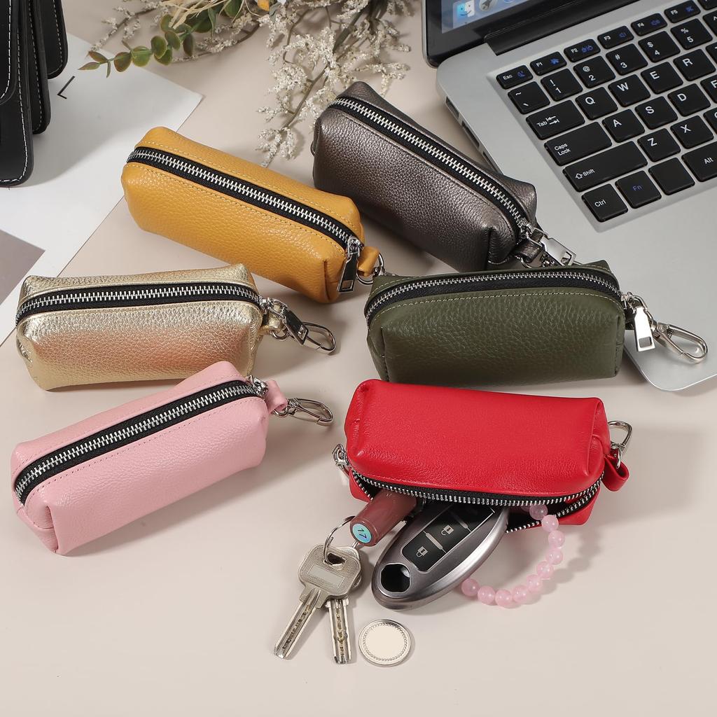 [uxcell] Leather Coin Case with Car Key Holder, Keychain Pouch, Unisex, Small Coin Case with Key Ring, Red