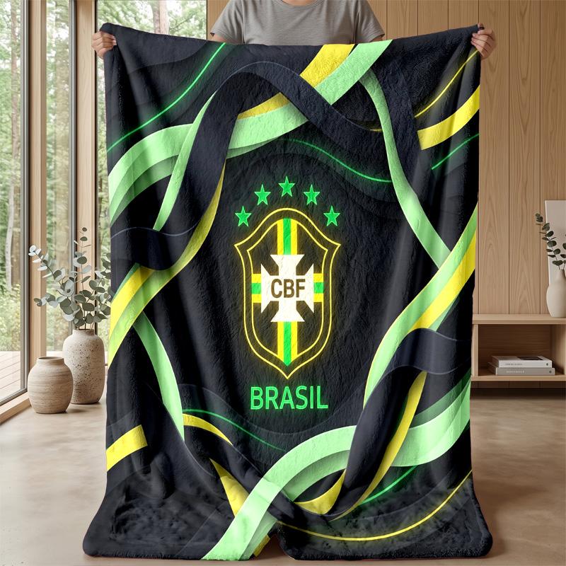Brazil Football Printed Flannel Blanket Skin Friendly Warm Decorative Throw for Indoor Couch Bed Daily Use
