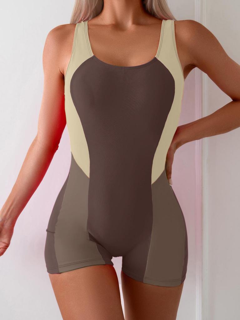 2024 Tri-Color Contrast One-Piece Competitive Swimsuit Shorts - Euro-American Style