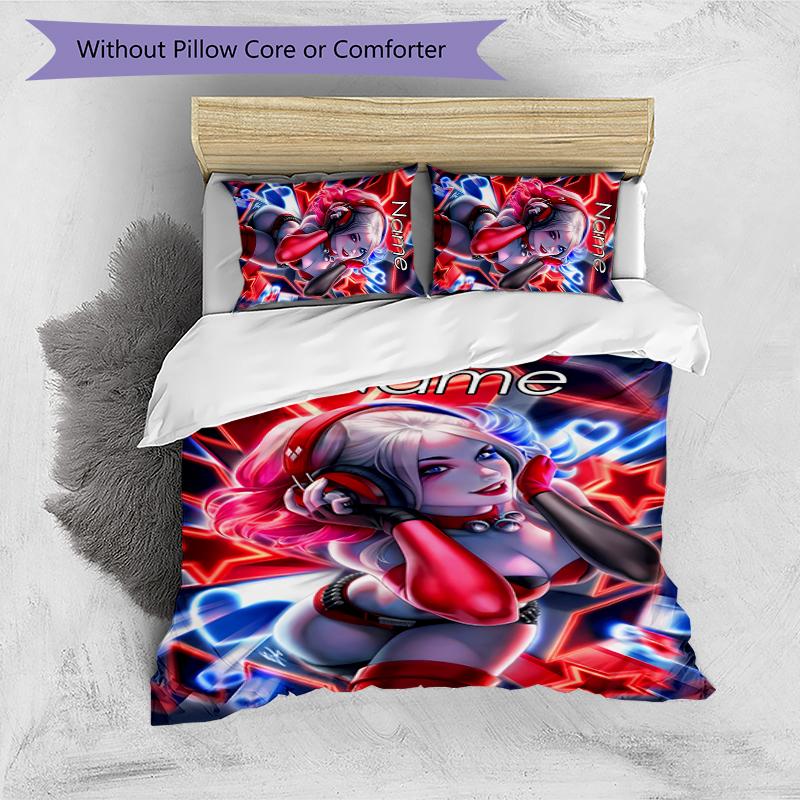 3pcs Custom Name Cartoon Harley Quinn Bedding Set Duvet Cover Closure Includes 1 Duvet Cover & 2 Pillowcases for All Seasons Bedroom Decor