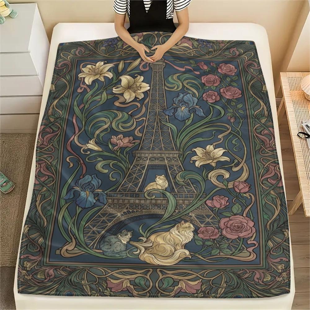 Paris Eiffel Tower Print Flannel Blanket, High quality Comfortable for All Seasons, Home Decor, Warmth and Comfort, Perfect for Christmas Gifts90