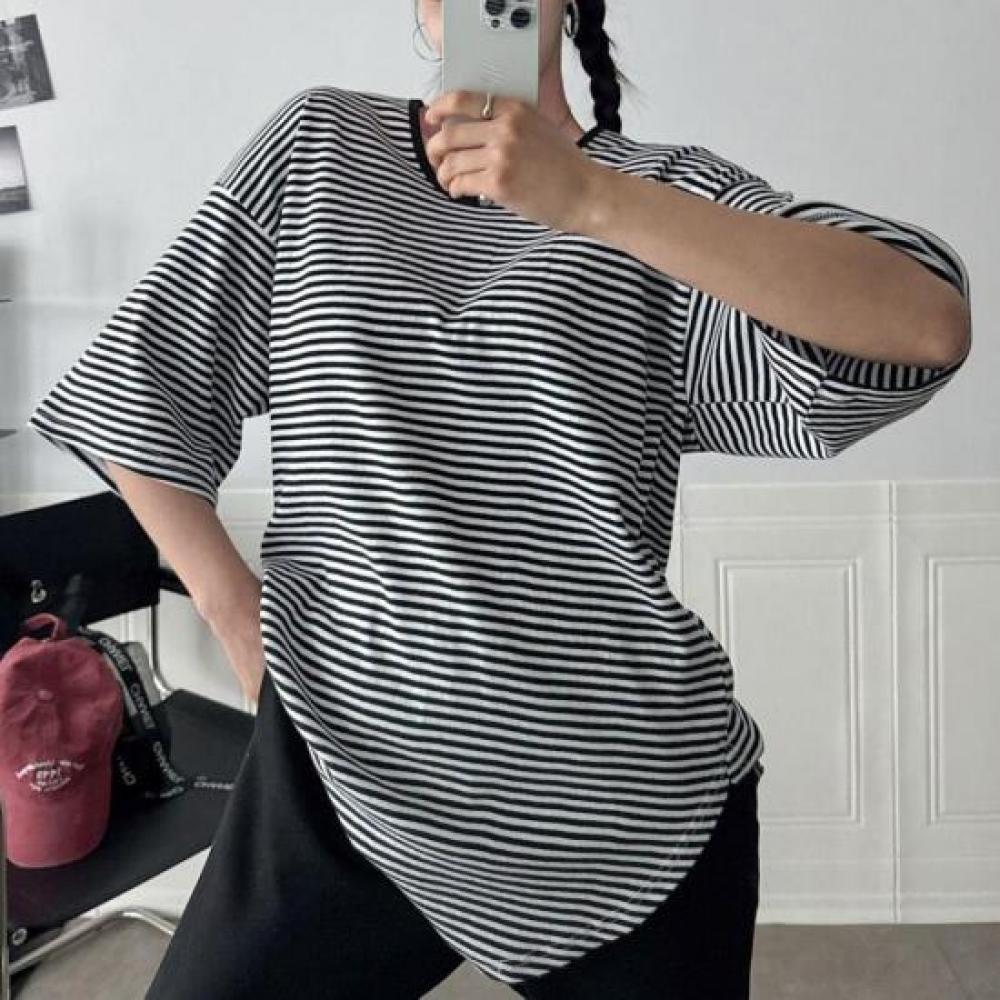 New Arrivals Open Run STripe ShorT Sleeve T shirT Big Size Binding Box Hip Cover