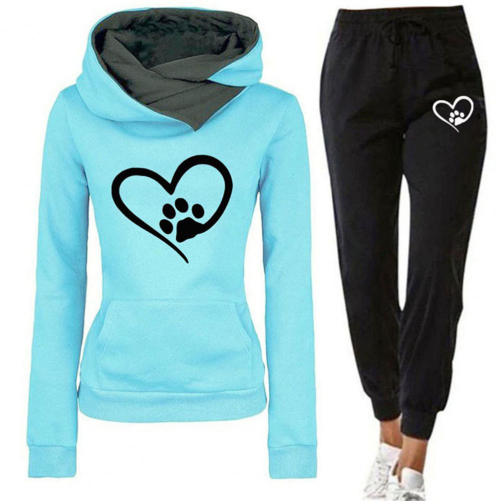 2Pcs/Set Women Autumn Winter Heart Print Sport Outfit Hooded Long Sleeve Front Pocket Sweatshirt Tops Elastic Waist Jogger Pants