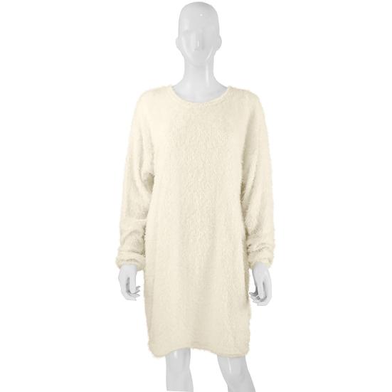 Chic Women Autumn Solid Color O Neck Sweater Fluffy Loose Knee-length Dress