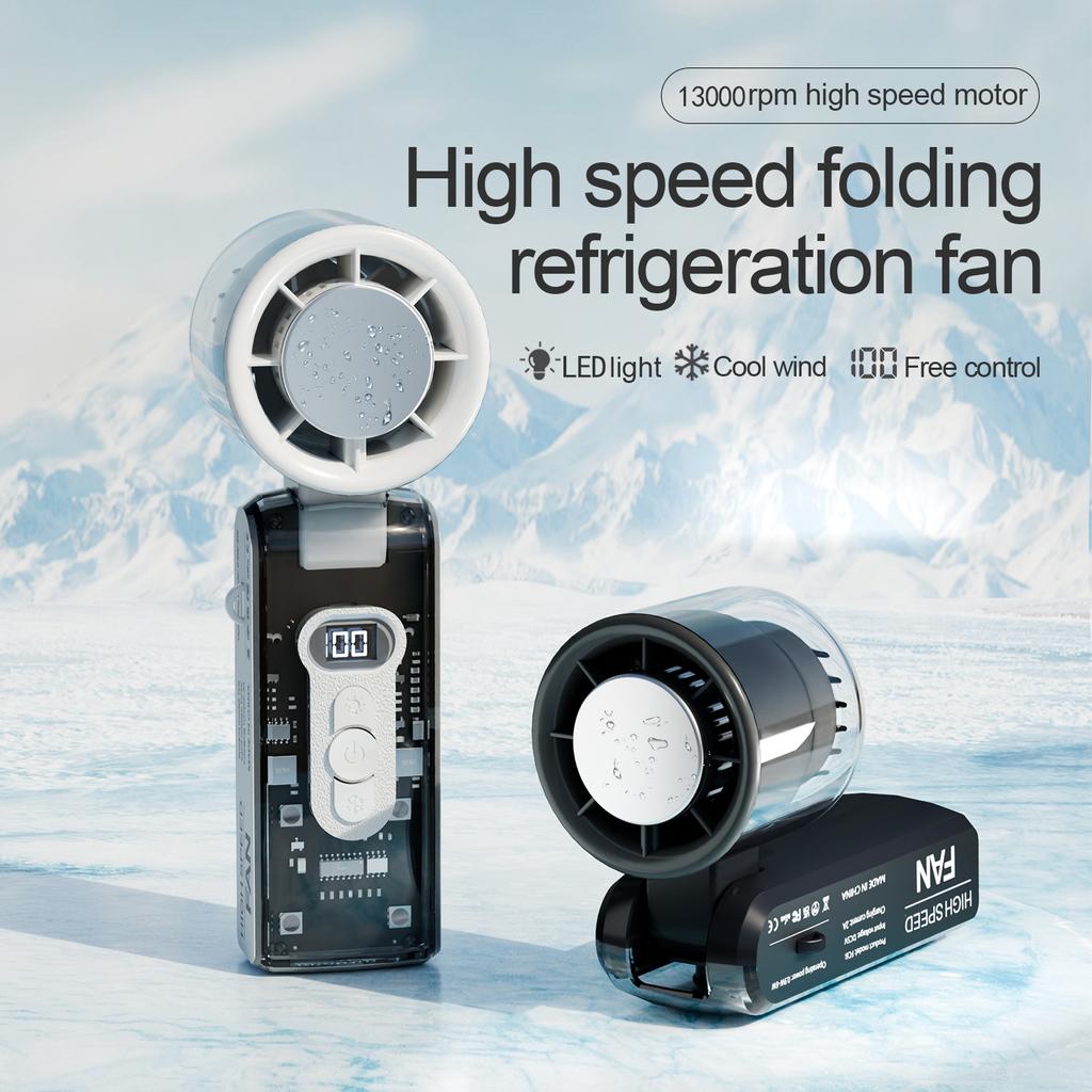 High Speed Folding Fan Mini Handheld Refrigeration Fan Digital Display Portable USB Charging Fan High Wind Power Handheld Fan