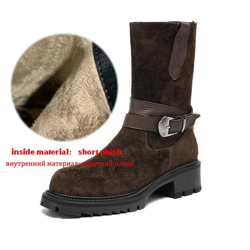 

Krazing Pot Fashion Cow Suede Nubuck Winter Round Toe Modern Boots Med Heels Zipper Metal Buckle Mid-calf Boots 42