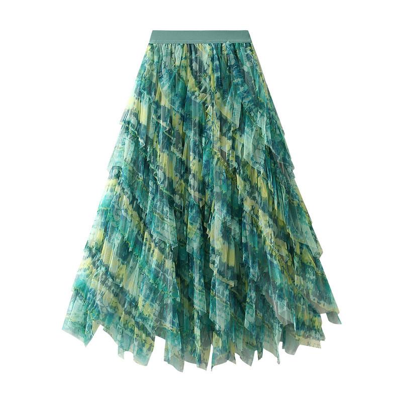 Qooth Colorful Pleated Irregular Mesh Half Skirt Mid-Length Rainbow Gauze Skirt Women Slim Skirt QT2614