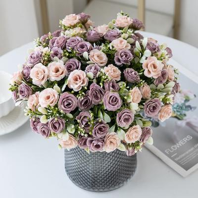 15 Head 5 Fork Artificial Silk Rose Small Tea Bud DIY Scrapbook Fake Rose Bouquet Gifts Wedding Bridal Bouquet Home Floral Decor