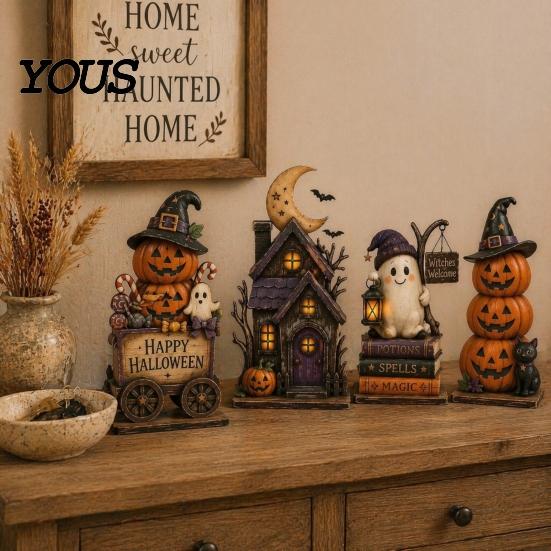 Reusable Wooden Holiday Crafts Farmhouse Halloween Tabletop Decorations, Table Topper Signs, Spooky Seasonal Home Accents Pumpkin Ghost Tiered