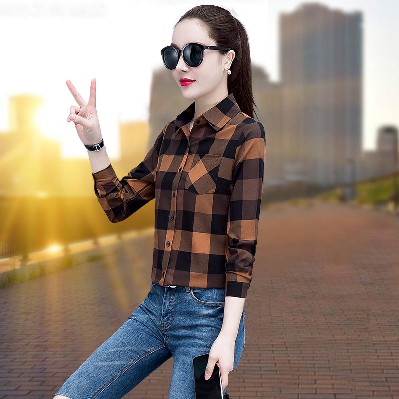 2025 Women's Korean Style Plaid Slimming Shirt - Casual Long Sleeve Print for Spring & Autumn Students