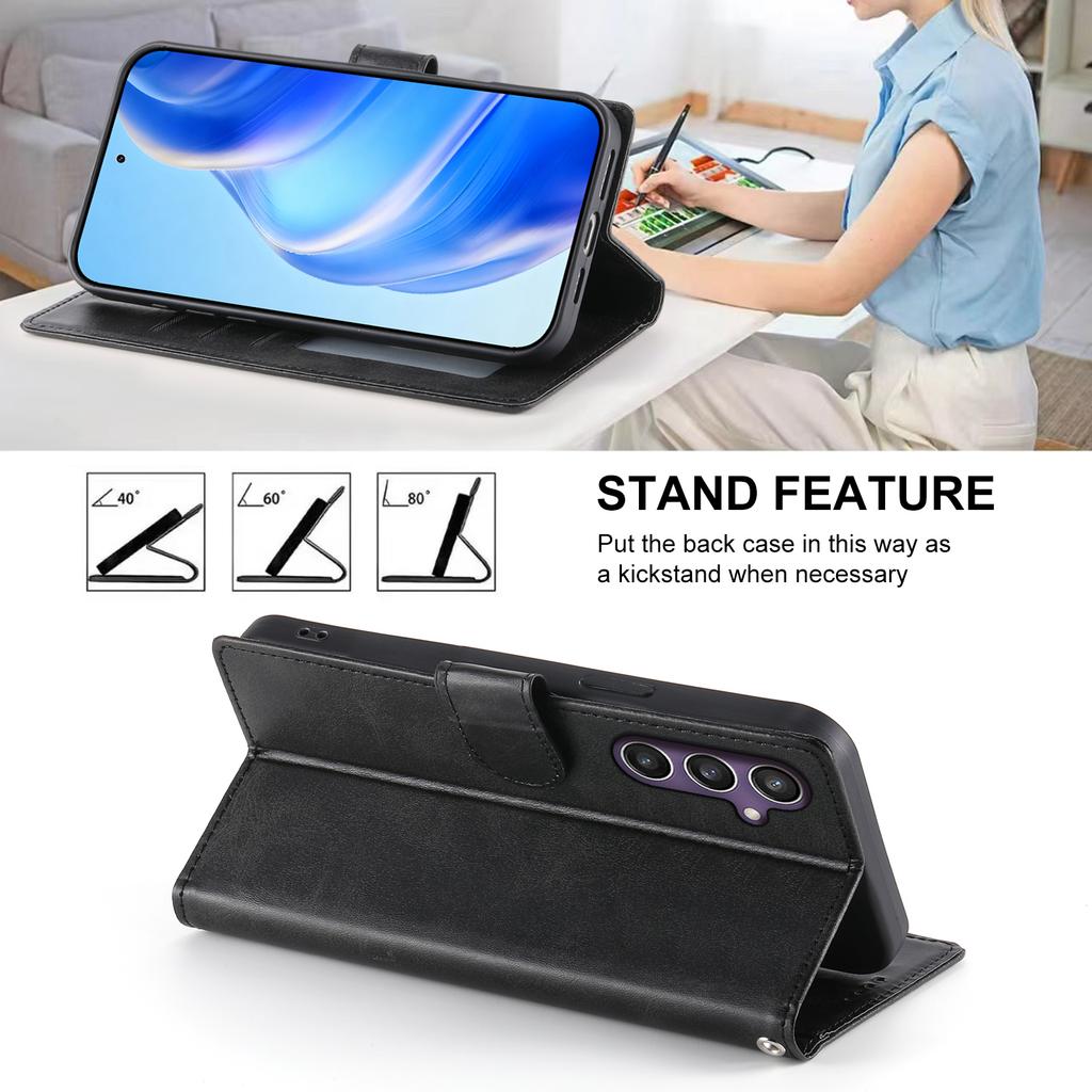For Samsung Galaxy S25/S24 Case Stand Wallet Calf Texture PU Leather Flip Phone Cover with Wrist Strap