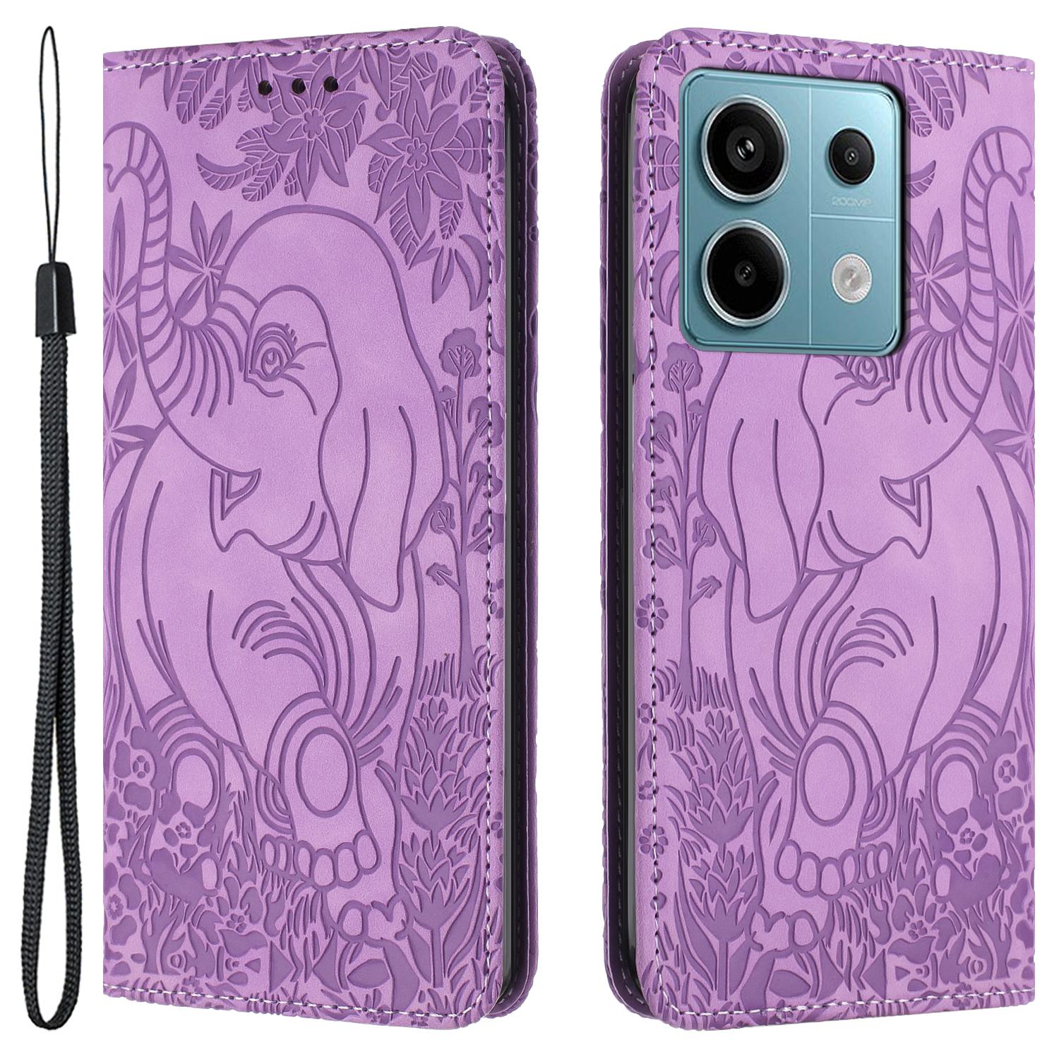 

For Xiaomi Redmi Note 13 5G Leather Case Elephant Pattern Wallet Phone Cover Purple