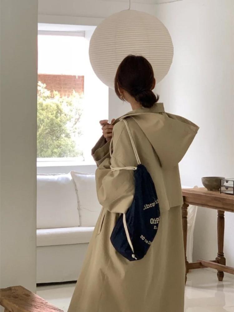 Korean Vintage Fashion Overcoat Loose Fit Single Breasted Long Coat with Detachable Hood Autumn Winter Women Outerwear Retro Long Sleeve New