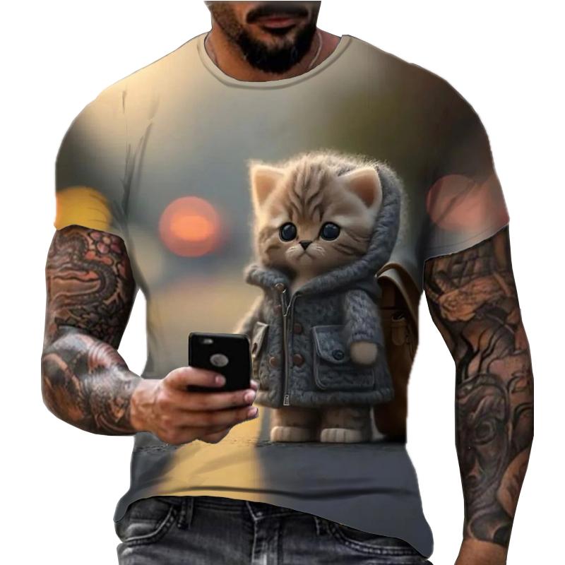 2024 Summer New T-shirt 3D Printed Animal Cat Men's Short Sleeved Round Neck Street Fashion Clothing for Women