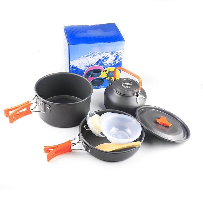 DS-308 Camping Cookware Set, Aluminum Pot Pan and Tea Kettle, Portable 4-Piece Nesting Cooking Kit for Outdoor Picnic Backpacking