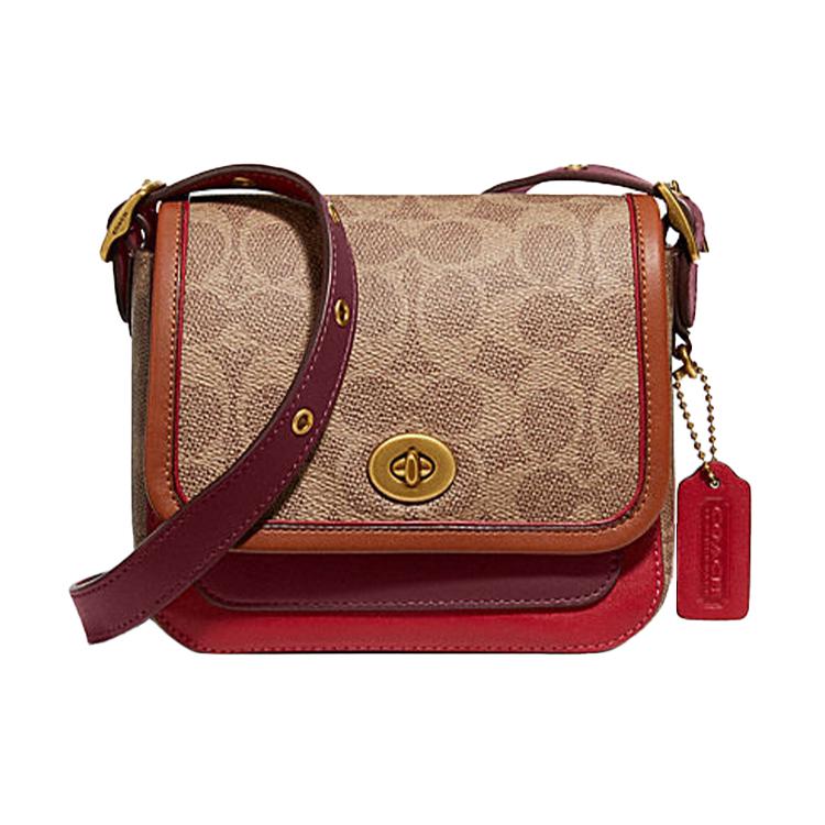 

New COACH Coated Canvas With Glove Tanned Leather Crossbody Bag, Shoulder Bag Small Women s Red & Brown 3693-B4RAE 16.0*7.1*14.0CM