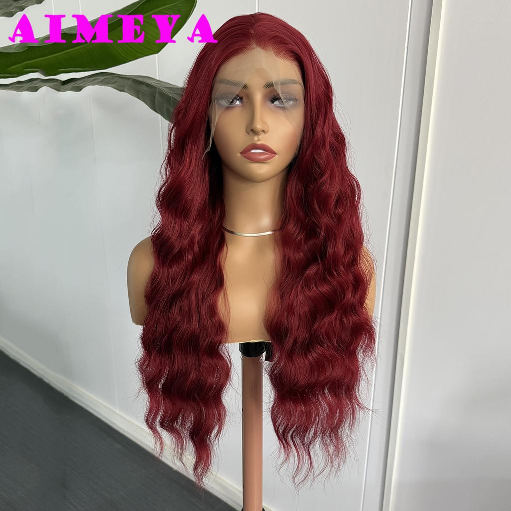 AIMEYA Burgundy Lace Wig Long Body Wave Synthetic Hair Glueless 13x4 Lace Front Wig for Women Wine Red Wigs Daily Wear Cosplay