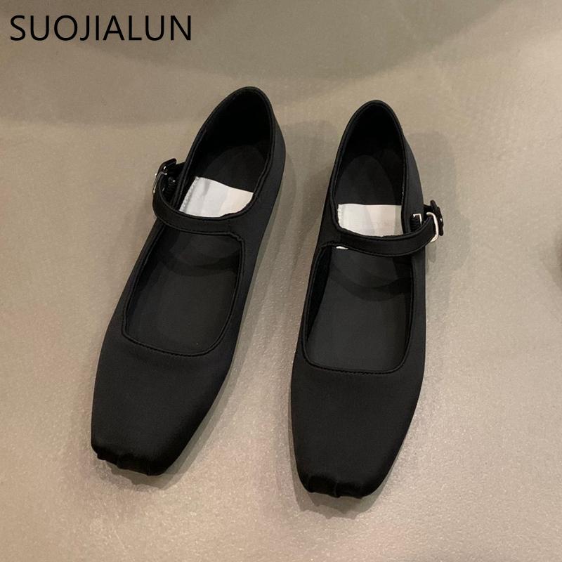Fashion SUOJIALUN 2025 Spring New Women Flat Shoes Fashion Silk Square Toe Shallow Ladies Ballet Shoes Soft Casual Flat Mary Jane Shoes