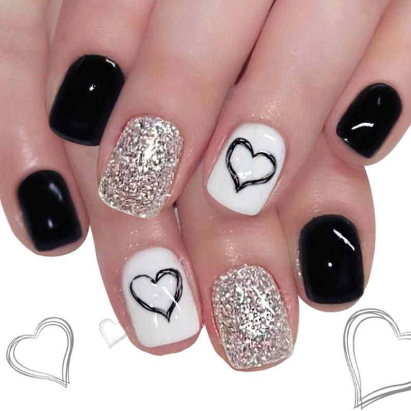 

24Pcs Glossy Black Heart Fake Nail Short Square Silver Glitters Press On Nail Romance Design Easy Application 1