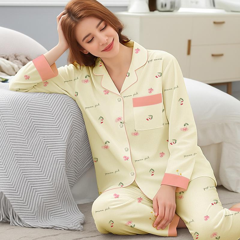 Hochwertige Pyjamas Damen Frühling und Herbst Neu Imitation Baumwolle Druck Langarm Mittlere Mutter Große Größe Dünn Loungewear
