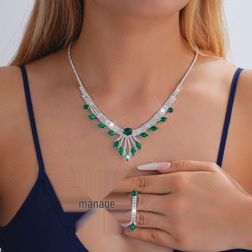 Bridal Rhinestone Necklace & Earrings Set - Evening Wedding Jewelry Accessories