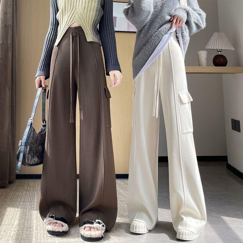 Knitted Wide Leg Pants for Women Autumn Winter High Waist Straight Leg Pants Loose and Casual Design Drawstring Work Pants