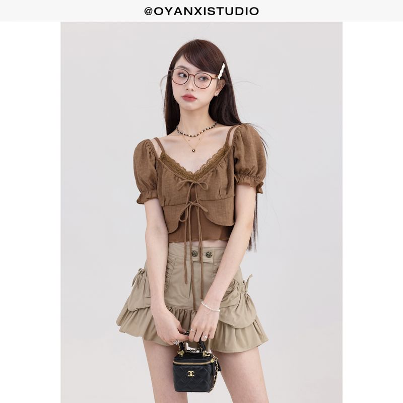 

Ouyangxi Minimalist Solid Color Slim Shirt Short Sleeve Top Brown(Shirt-In Stock) S