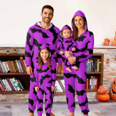Halloween Printed Family Matching Hooded Long Sleeved Zippered Hooded  Jumpsuit Set