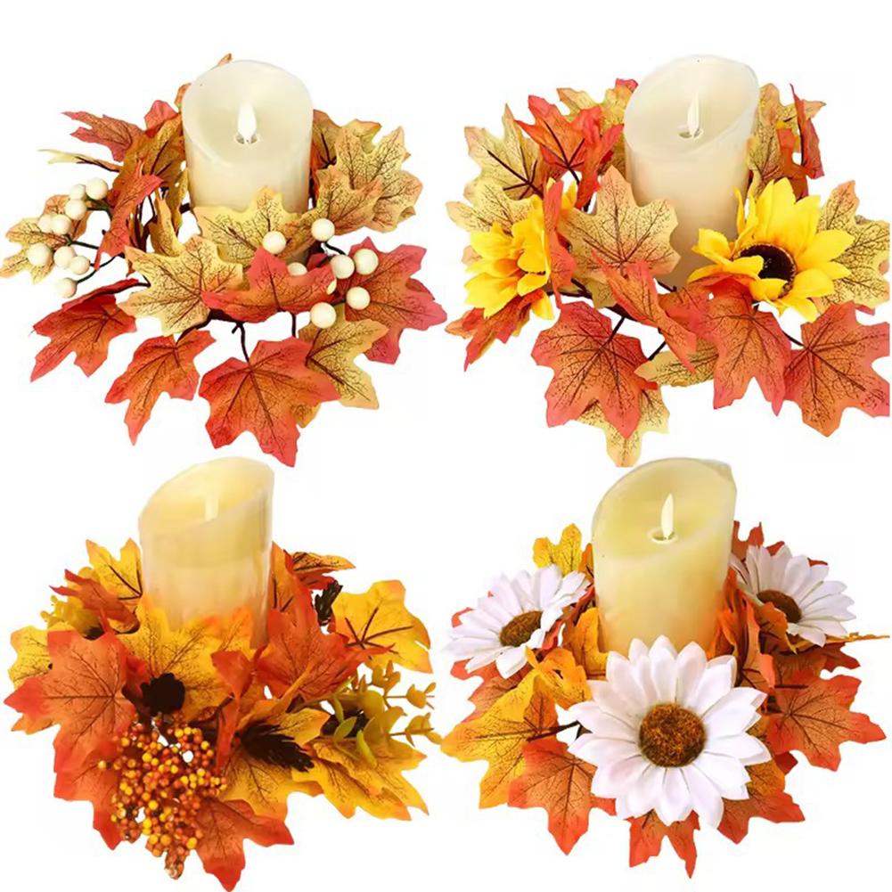 Artificial Maple Leaves Wreath With Berries Sunflowers Candle Rings For Farmhouse Fall Thanksgiving Wedding Centerpiece Table Door Decor