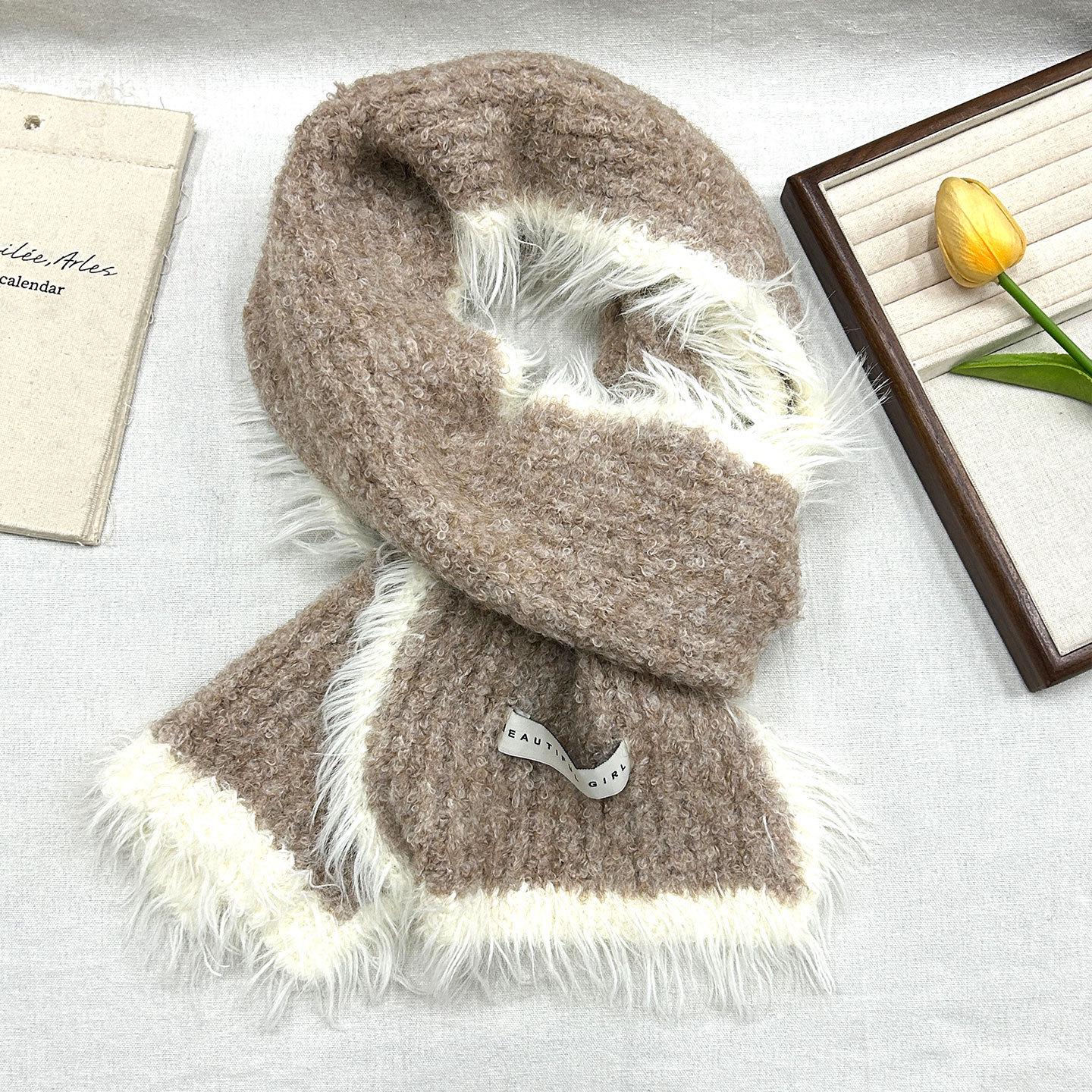 Women s Winter Korean Style Knitted Wool Scarf with Plush Fur Border