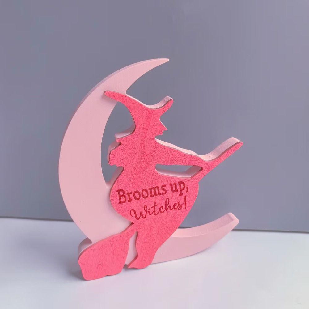 Wooden Moon Witch Decorations Model Handicraft Halloween Witch Ornaments Funny Collectible Moon Black Cat Ornaments