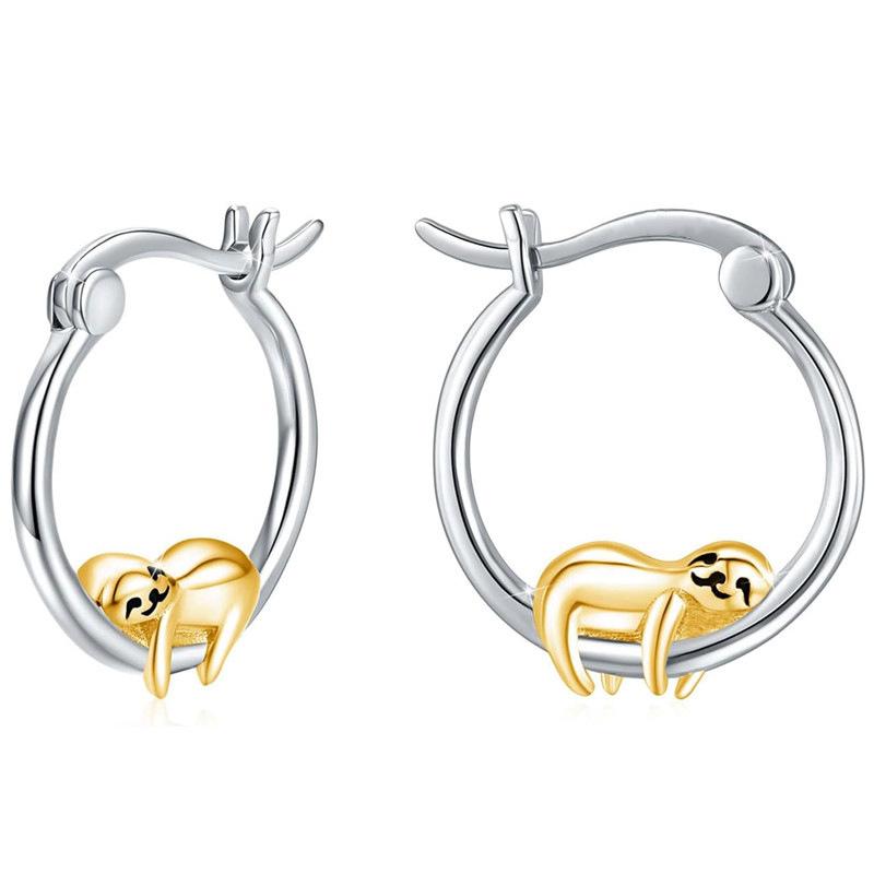 Bi-Color Plated Metal Hanging Sloth Shape Snap Closure Hoop Earrings Lovely Wildlife Animal Ladies Casual Accessories