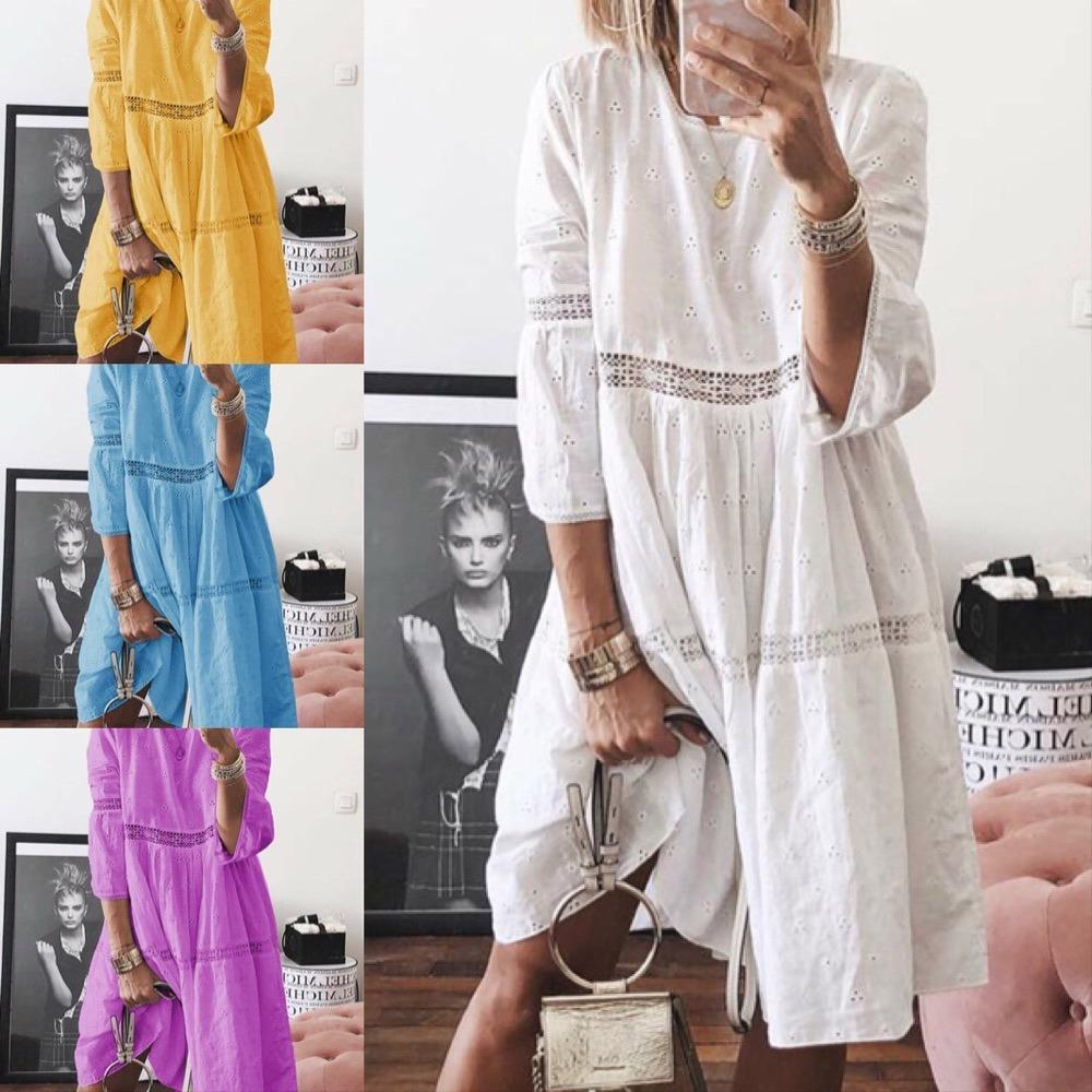 2025 Spring Cotton Large Size Women‘s Dress White O-neck Lace Hollow Out Casual Dresses Female New Fashion Beach Clothes Ladies