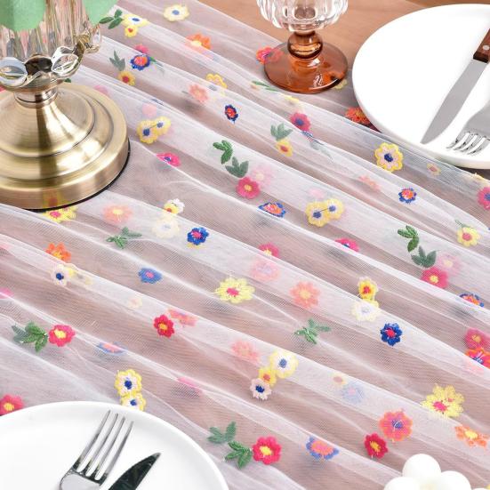 Embroidered Flower Table Runner Sheer Mesh Gauze Tablecloth for Spring Summer Delicate Floral Lace Table Decor for Wedding Party Dining Table