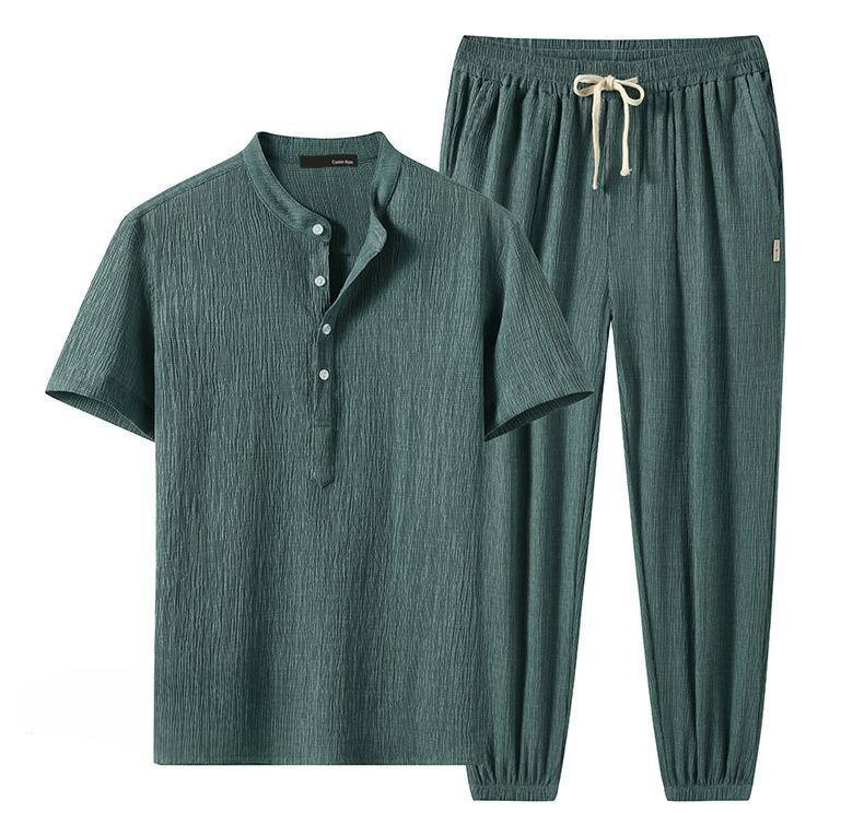 Plain Man Trousers Sets Linen T-shirts Pants Suits for Men Loose Tee Stretch Novelty In Regular Fit Casual Basic